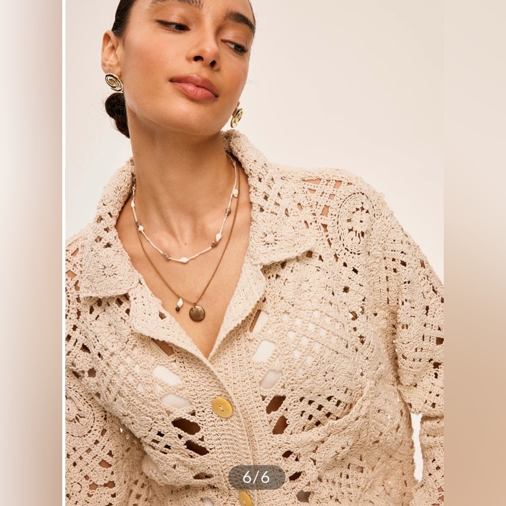 Boho Crochet Button Front Cardigan Cream Open Knit Beachy Oversized Sweater - Picture 8 of 12